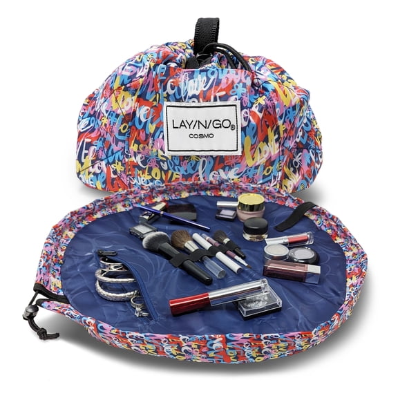 Lay-n-Go COSMO 20" Lay Flat Travel Cosmetic Makeup Bag, Drawstring Toiletry Organizer for Accessories, Essentials, Brushes - Love