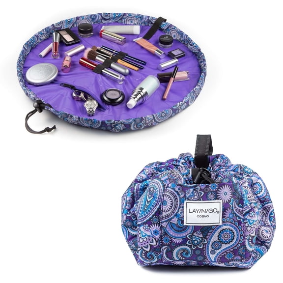 Lay-n-Go COSMO 20" Lay Flat Travel Cosmetic Makeup Bag, Drawstring Toiletry Organizer for Accessories, Essentials, Brushes - Purple Paisley