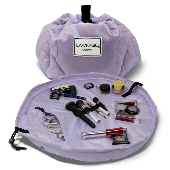 Lay-n-Go COSMO 20" Lay Flat Travel Cosmetic Makeup Bag, Drawstring Toiletry Organizer for Accessories, Essentials, Brushes - Lavender