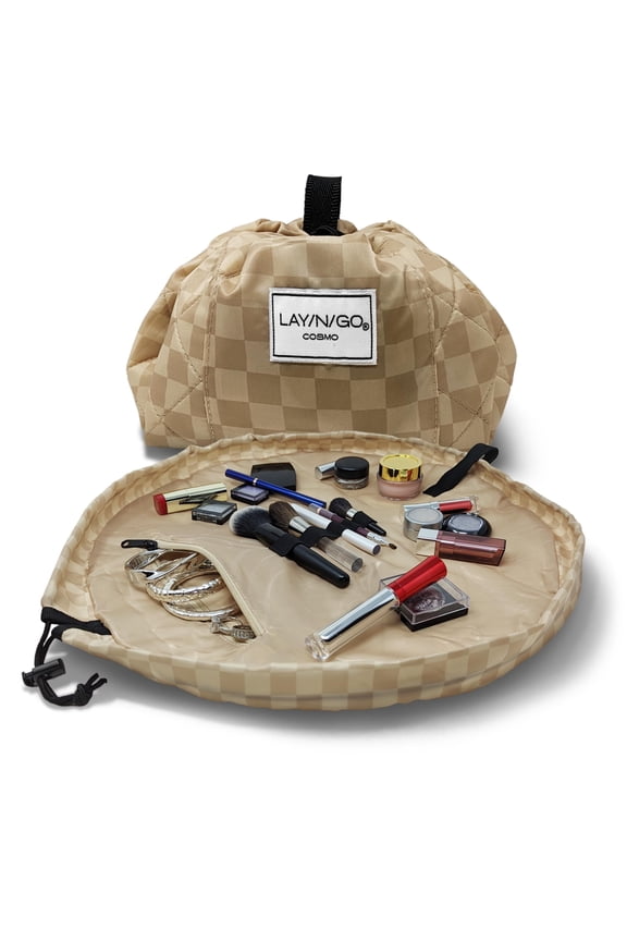 COSMO (20") Tan Checkered Drawstring Cosmetic Makeup Bag, Toiletry Organizer, Travel, Birthday, Bridesmaid's Gift