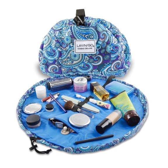 Lay-n-Go COSMO Deluxe 22" Lay Flat Travel Cosmetic Makeup Bag, Drawstring Toiletry Organizer for Accessories, Essentials, Brushes - Paisley