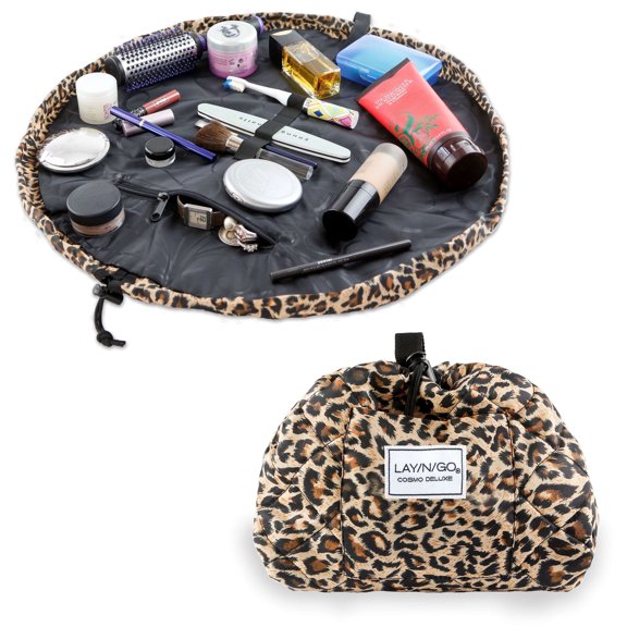 Lay-n-Go Deluxe COSMO 22" Lay Flat Travel Cosmetic Makeup Bag, Drawstring Toiletry Organizer for Accessories, Essentials, Brushes - Leopard