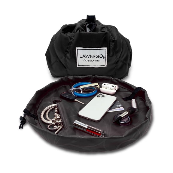 Lay-n-Go COSMO Mini 16" Lay Flat Travel Cosmetic Makeup Bag, Drawstring Toiletry Organizer for Accessories, Essentials - Black