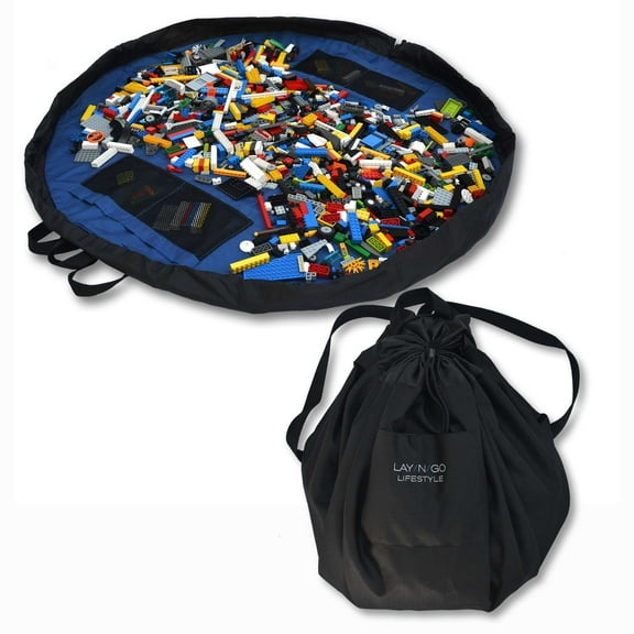 Lay-n-Go LIFESTYLE (44") Black/Blue Interior Activity Play Mat, Drawstring Toy Storage Bag, Gift for Kids Boys Girls, Back to School