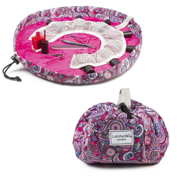 Lay-n-Go NAILSPA (18") Paisley Pink Drawstring Cosmetic Makeup Bag Pouch Manicure Pedicure Nailpolish Organizer, Travel, Holiday, Christmas, Bridesmaid's Gift