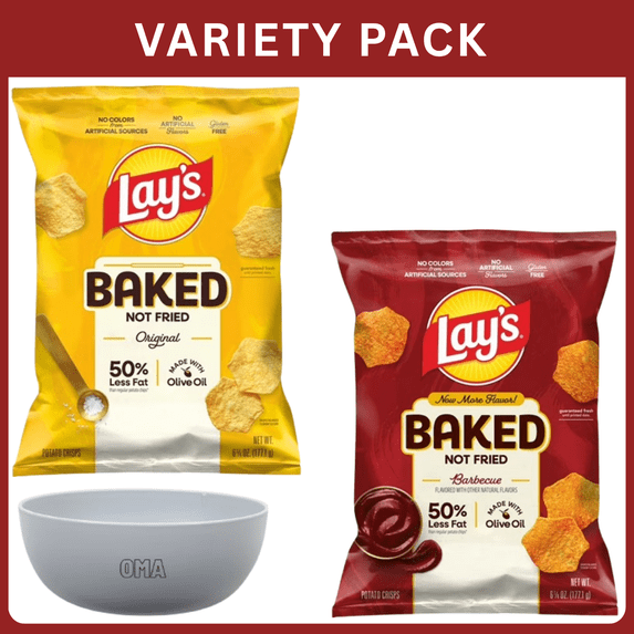Lay's Baked Gluten-Free Variety Pack, Original 6.25 oz & Barbecue 6.25 oz, 12.5 oz Total, 2 Full Size Bags Snack Bundle with Bowl by OMA