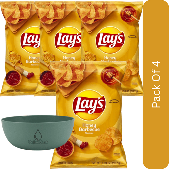 Lays Honey BBQ Potato Chips  7.5 oz Bag, Sweet & Savory Crunchy Snack With Olive Green Bowl By ValueNest