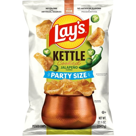 Lays Jalapeno Kettle Cooked Potato Chips Party Size Bag, 12.5 oz