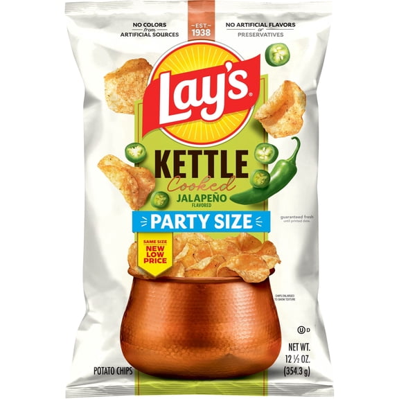 Lays Jalapeno Kettle Cooked Potato Chips Party Size Bag, 12.5 oz