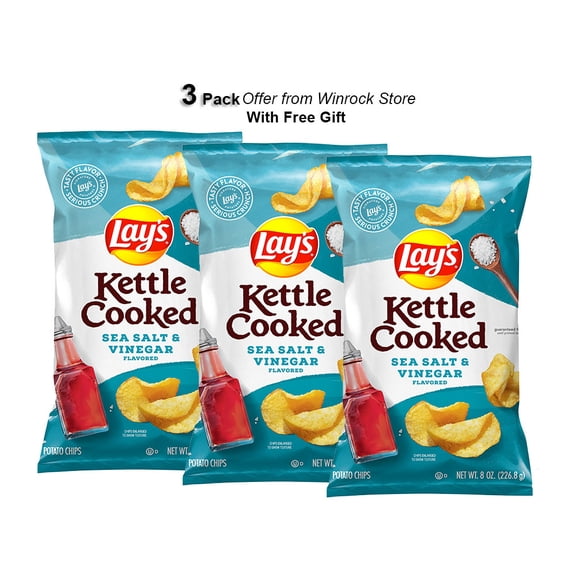 Lay's Kettle Cooked Sea Salt & Vinegar Flavored Potato Chips, 8 oz bag (3 Pack) Free Gift from Winrock Store