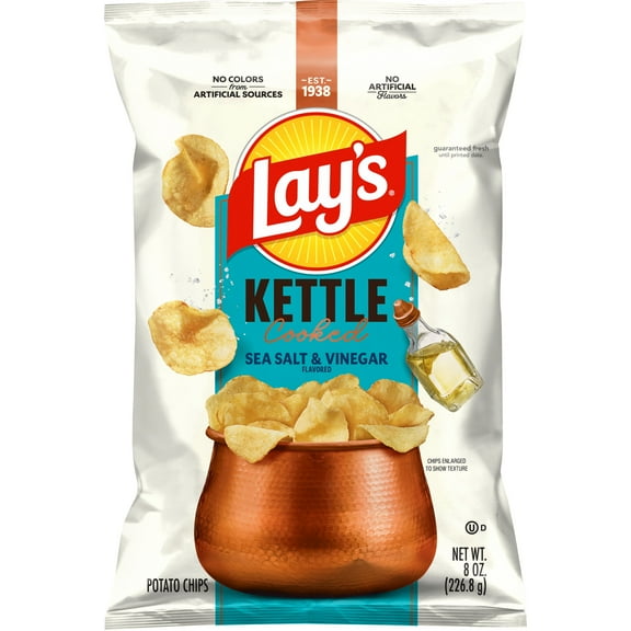 Lays Sea Salt & Vinegar Kettle Cooked Potato Chips Bag, 8 oz