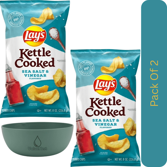 Lays Kettle Cooked Sea Salt & Vinegar Potato Chips 8 oz Bag, Crunchy Snack With Olive Green Bowl By ValueNest