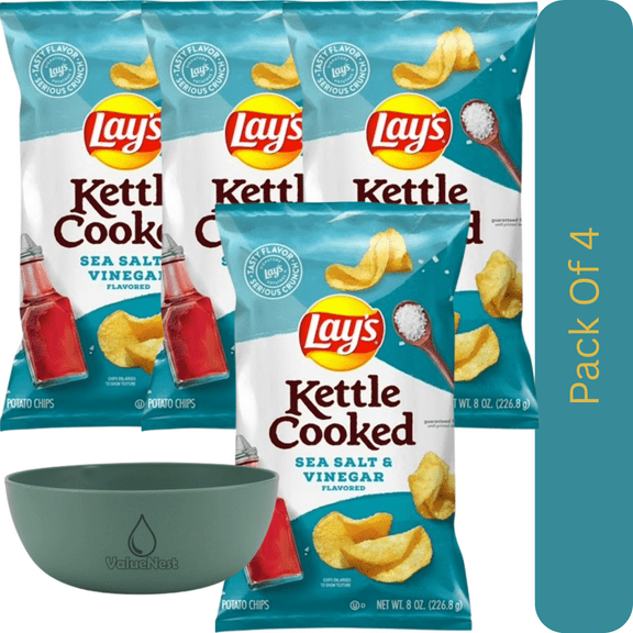 Lays Kettle Cooked Sea Salt & Vinegar Potato Chips 8 oz Bag, Crunchy Tangy Snack With Olive Green Bowl By ValueNest
