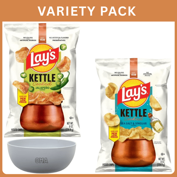 Lay's Kettle Cooked Variety Pack, Sea Salt & Vinegar 8 oz & Jalapeo 8 oz, 16 oz Total, with Bowl by OMA.