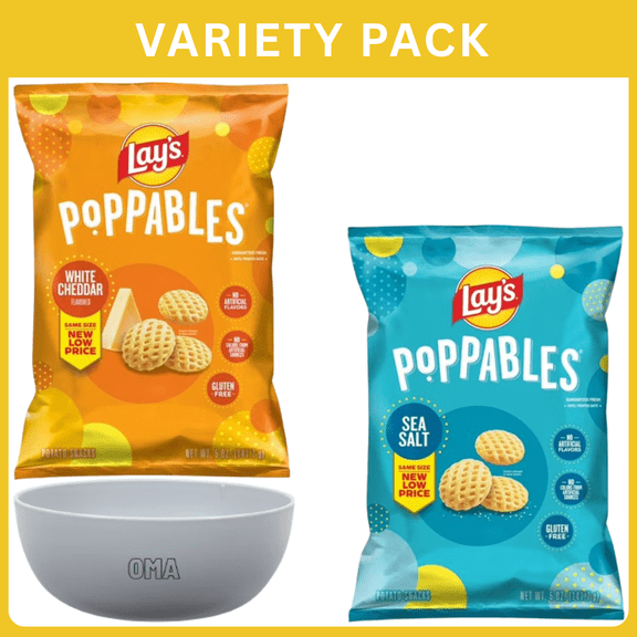 Lays Poppables Variety Pack, White Cheddar 5 oz & Sea Salt 5 oz, 10 oz Total, Variety pack with Bowl by OMA.