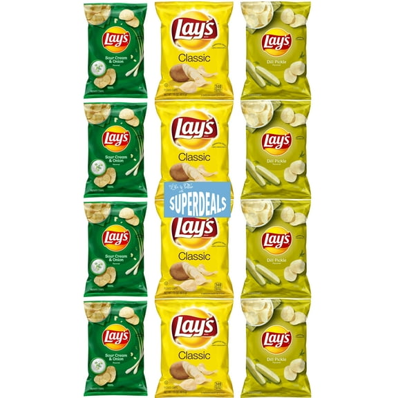 Lay's Potato Chips Ultimate Variety | 4 Sour Cream and Onion | 4 Classic | 4 Dill Pickle | Value Pack Bundled by SUPERDEALS | 1.5 Oz Bag | Pack of 12 with Mystery Gift