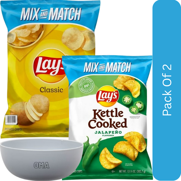 Lays Potato Chips Variety Pack Classic (15.625 oz) & Kettle Cooked Jalapeo (13.5 oz)-2pk, With Olive White Bowl By OMA