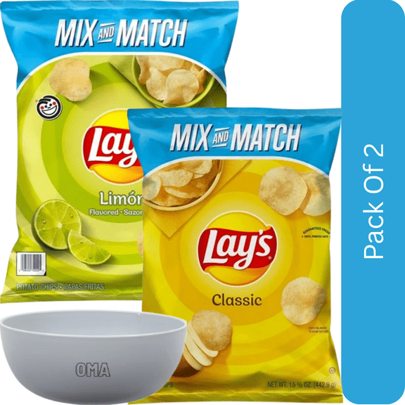 Lays Potato Chips Variety Pack Classic (15.625 oz) & Limon (15 oz)-2pk, With Olive White Bowl By OMA