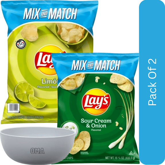 Lays Potato Chips Variety Pack Limon (15 oz) & Sour Cream & Onion (15.25 oz)-2pk, With Olive White Bowl By OMA