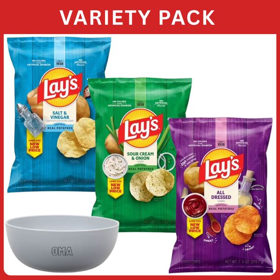 Lay's Potato Chips Variety Pack Salt & Vinegar Sour Cream & Onion All Dressed Crunchy Snack Chips - 23.25 Oz Total Weight ,Variety Pack with Bowl by OMA.