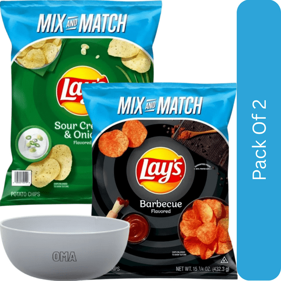 Lays Potato Chips Variety Pack Sour Cream & Onion (15.25 oz) & Barbecue (15.25 oz)-2pk, With Olive White Bowl By OMA