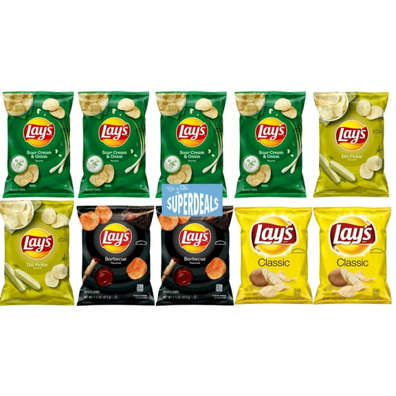 Lay's Potato Chips with this Family Value Pack featuring 4 Sour Cream & Onion, 2 Dill Pickle, 2 BBQ, and 2 Original flavors, bundled by SUPERDEALS