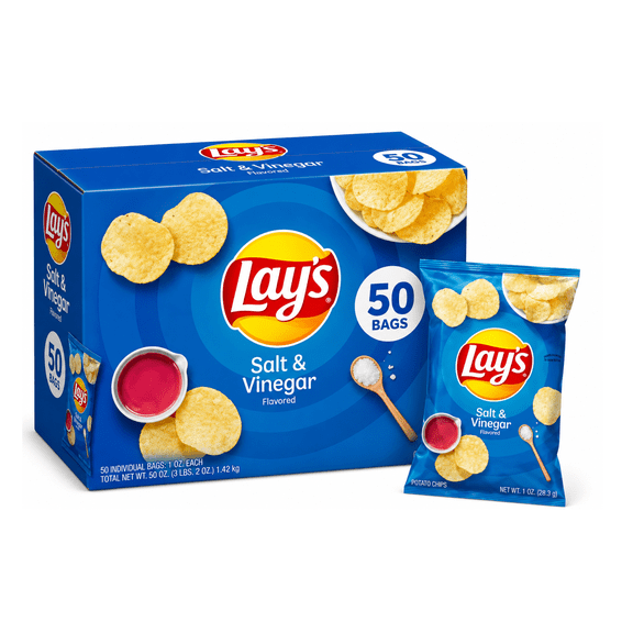 Lay's Salt & Vinegar Potato Chips, 1.5 oz Individual Bags, 50 Count Bulk Box