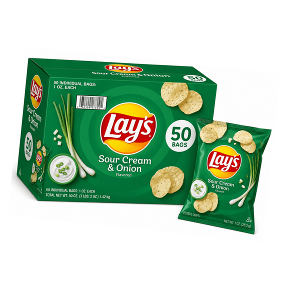 Lay's Sour Cream & Onion Potato Chips, 1.5 oz Individual Bags, 50 Count Bulk Box