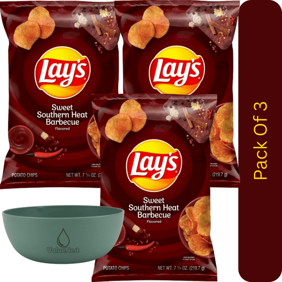 Lays Southern Sweet Heat BBQ Potato Chips 7.75 oz Bag, Crunchy Sweet & Spicy Snack With Olive Green Bowl By ValueNest