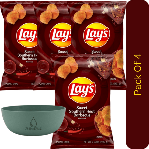 Lays Southern Sweet Heat BBQ Potato Chips 7.75 oz Bag, Sweet & Spicy Crunchy Snack With Olive Green Bowl By ValueNest