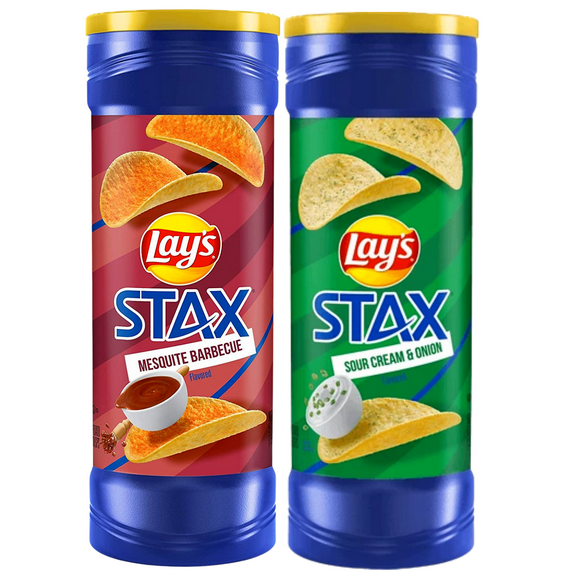 Lay's Stax Mesquite Barbecue and Sour Cream and Union Flavored Potato Crisps Crunchy Delicious Chips Snacks for Kids Adult Lunchbox Halloween Trick or Treats Birthday Party Gifts - Pack of 2