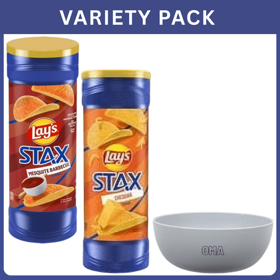 Lay's Stax Potato Crisps Cheddar & Mesquite BBQ Flavored Snack Chips Crunchy Canister Variety Pack -11 Oz Total Weight ,Variety Pack with Bowl by OMA.