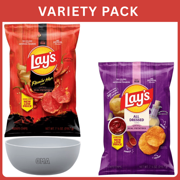 Lays Variety Pack All Dressed & Flamin Hot Potato Chips Crunchy Chips Snack Bundle -15.5 Oz Total Weight, Variety Pack with Bowl by OMA.