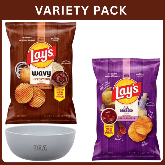 Lays Variety Pack All Dressed & Wavy Hickory BBQ Potato Chips -15.25 Oz Total Weight, Variety Pack with Bowl by OMA.