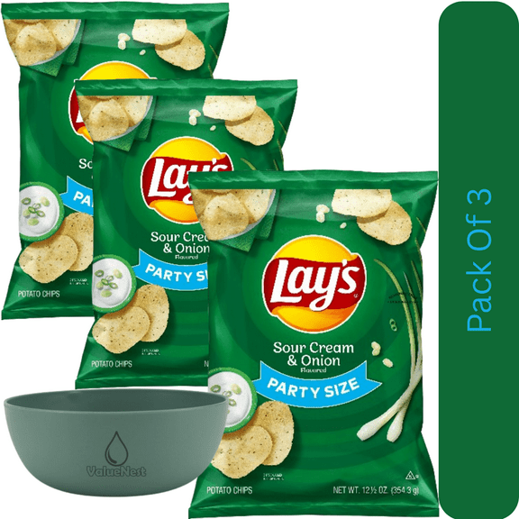 Lay's Party Size Sour Cream & Onion Potato Chips, 12.5 oz Bag With Olive Green Bowl By ValueNest