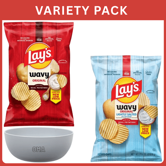 Lays Wavy Potato Chips Variety Pack, Original 7.75 oz & Lightly Salted 7.5 oz, 15.25 oz Total, Variety pack with Bowl by OMA.