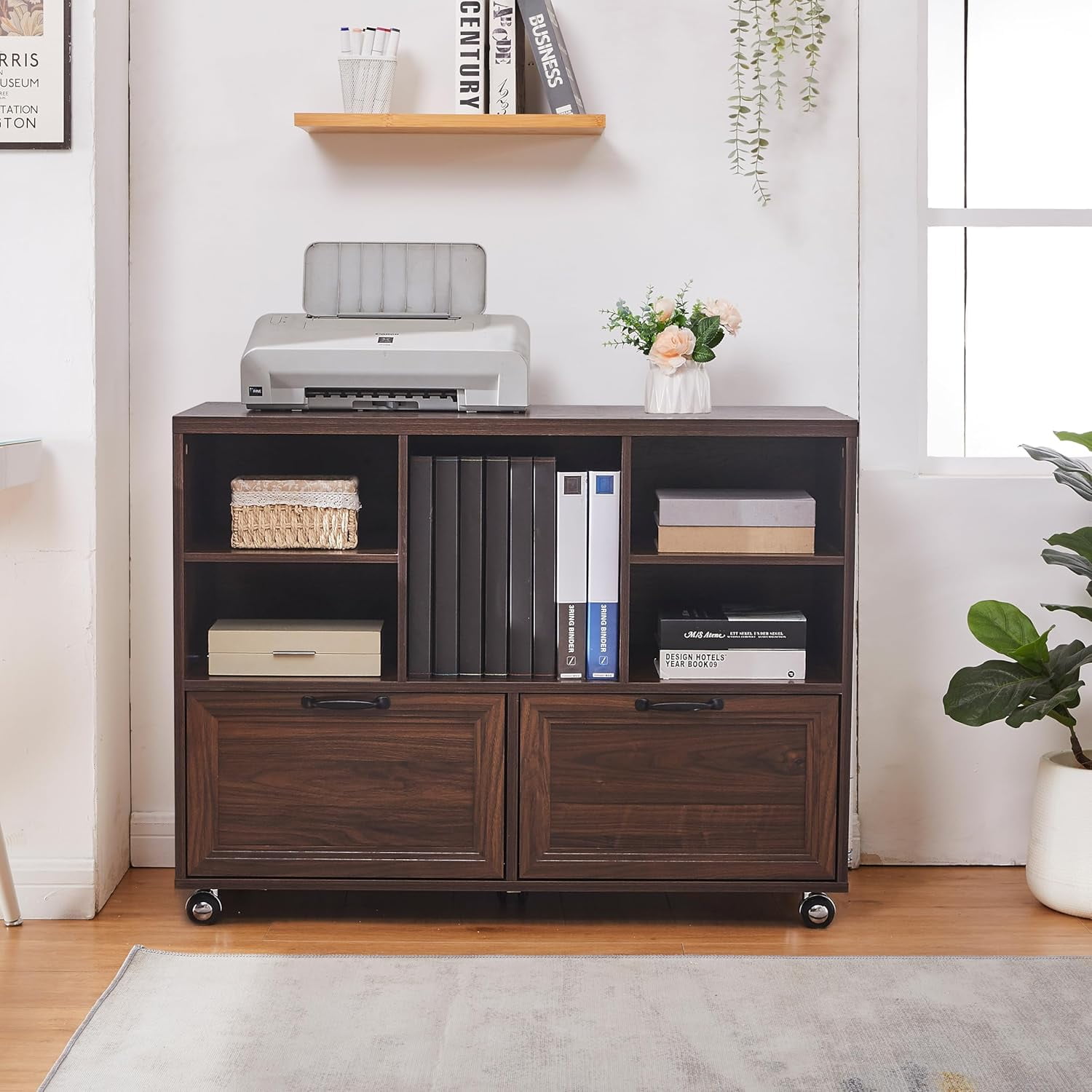 LayBurst 39.3" Farmhouse Wood File Cabinet with Wheels,Small Home Office Storage,Rolling File Cabinet with 2 Drawers for Legal/Letter/ A4 Size (Brown)