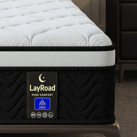 LayRoad 12 inch Queen Mattress Medium Firm Cooling Memory Foam Mattress, Black White