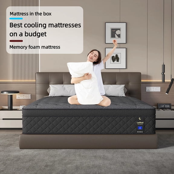 LayRoad 14 inch King Mattress Medium Firm Cooling Memory Foam Mattress, Gray
