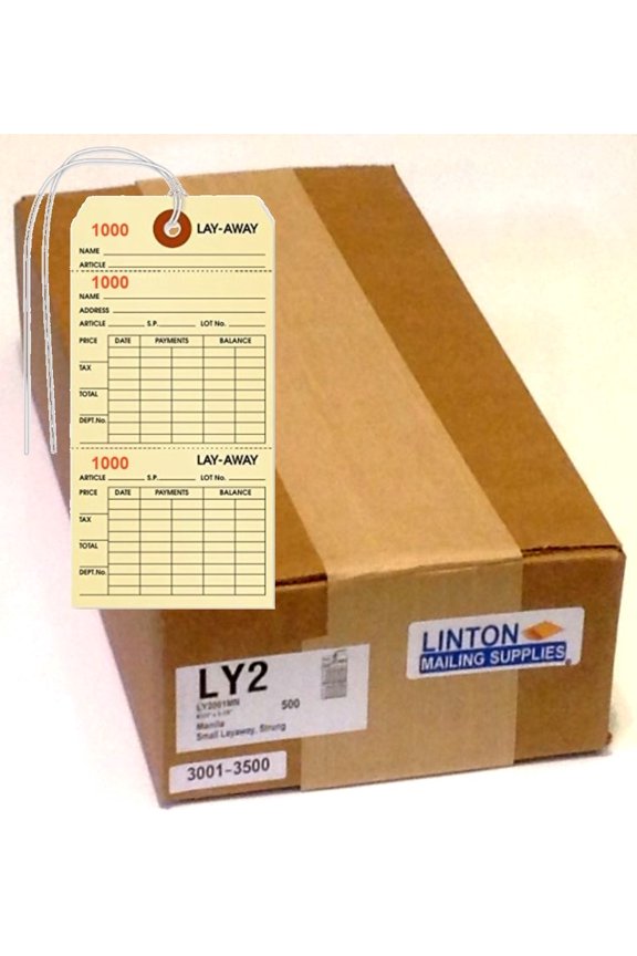 Layaway Tag, Manila Cardstock (3.125" x 6.25") w Two Tear-Off Sections, Black Ink w Sequential Red Numbers, Reinforced Hole w String Attached - Box of 500 Tags