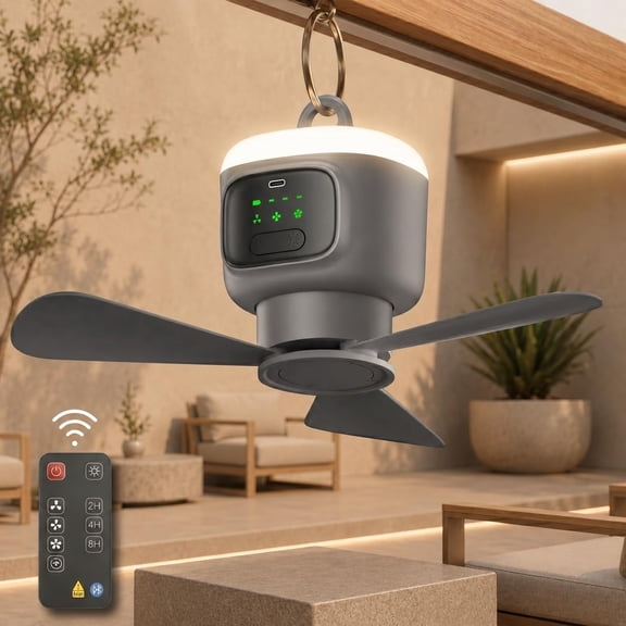 Laybasic 18" Camping Fan with Lights and Remote, 12000mAh Battery Operated Tent Fan 4 Speeds Detachable Blades, Hanging Ceiling Fan for Canopy, Gazebo, Patio, RV, Garage, Porch
