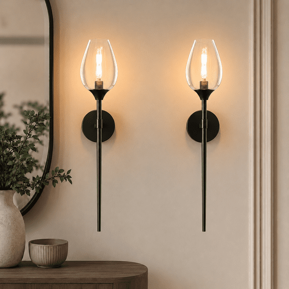 Laybasic 23.8" Modern Glass Wall Sconce Set of 2 with E14 LED Bulb Included, Elegant Wine Glass Shade Bathroom Vanity Light, Black Finish Decorative Wall Lamp for Bedroom Living Room Hallway Mirror