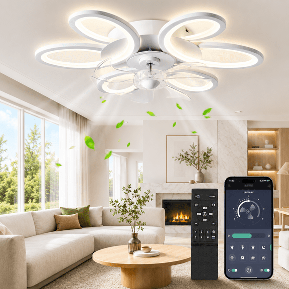 Laybasic 25" Ceiling Fans with Lights and Remote, Low Profile Flush Mount LED Ceiling Fan 6 Speed Dimmable Reversible Fan Light for Bedroom Living Room