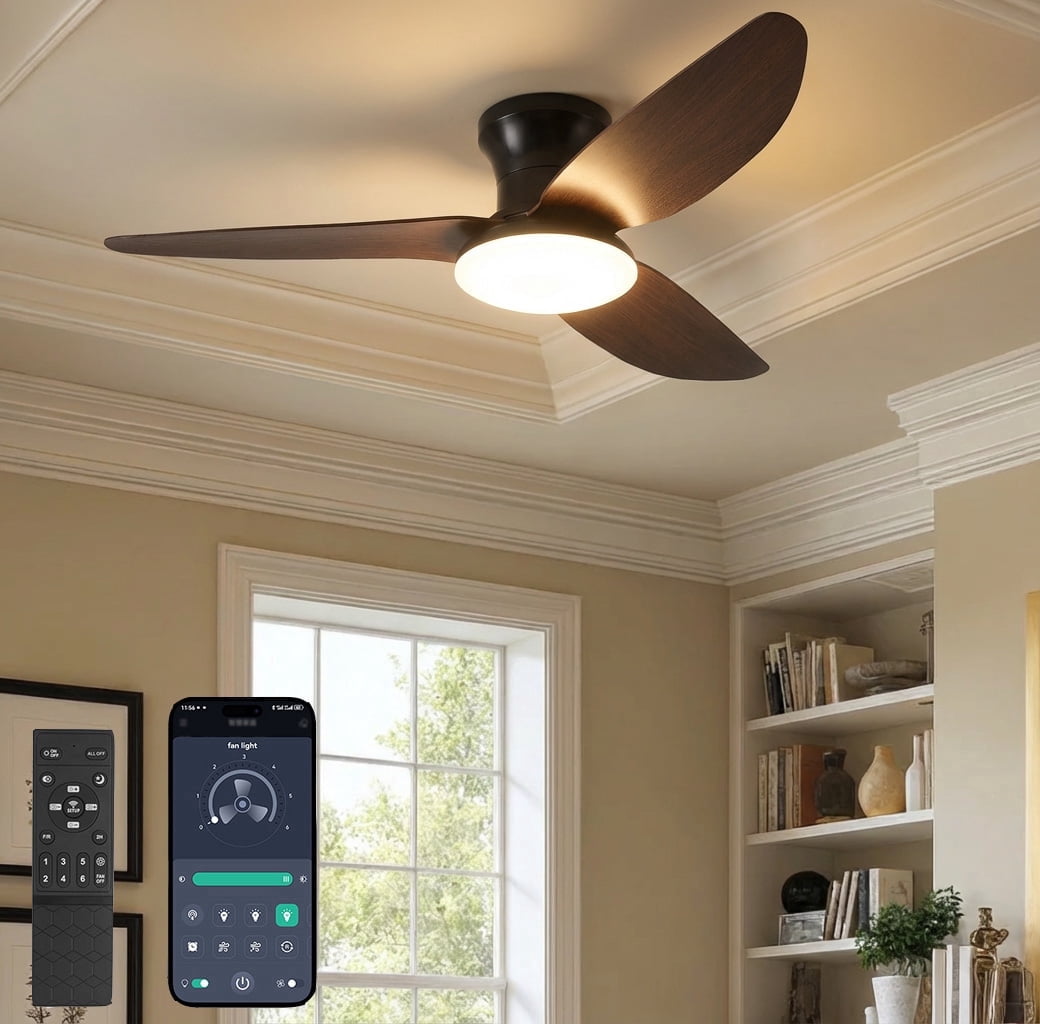 Laybasic 39" Ceiling Fans with Lights and Remote/APP Control, Flush Mount Low Profile Farmhouse LED Ceiling Fan Dimmable 6 Speed Reversible Noiseless for Bedroom, Indoor/Outdoor Use