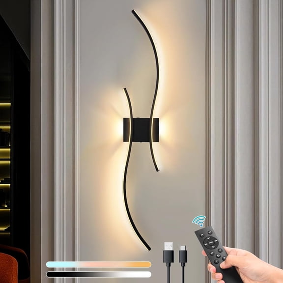 Laybasic 39.3" Large Battery Operated Wireless Wall Sconces, Black Modern Rechargeable Wall Light with Remote, 3CCT Dimmable Wireless Wall Lamp for Living Room Bedroom Hallway