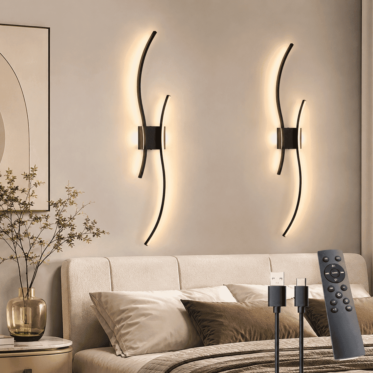 Laybasic 39.3" Large Battery Operated Wireless Wall Sconces Set of 2, Black Modern Rechargeable Wall Light with Remote, 3CCT Dimmable Wireless Wall Lamp for Living Room Bedroom Hallway