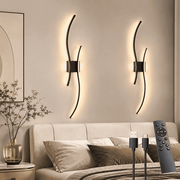 Laybasic 39.3" Large Battery Operated Wireless Wall Sconces Set of 2, Black Modern Rechargeable Wall Light with Remote, 3CCT Dimmable Wireless Wall Lamp for Living Room Bedroom Hallway