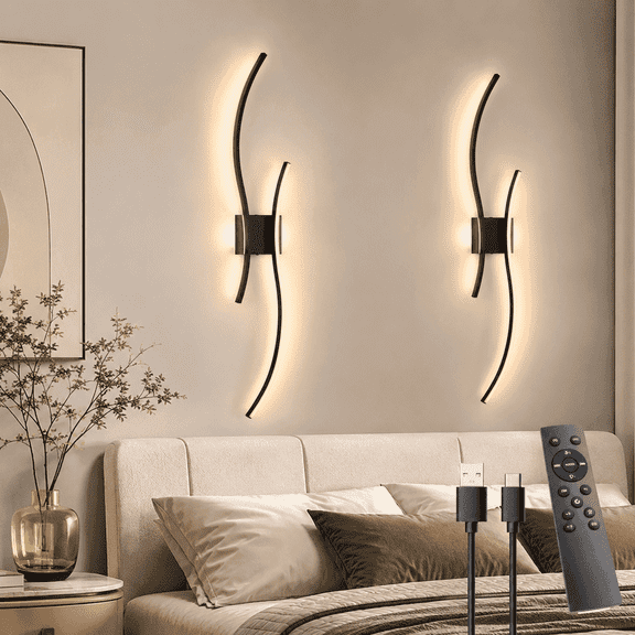 Laybasic 39.3" Large Battery Operated Wireless Wall Sconces Set of 2, Black Modern Rechargeable Wall Light with Remote, 3CCT Dimmable Wireless Wall Lamp for Living Room Bedroom Hallway