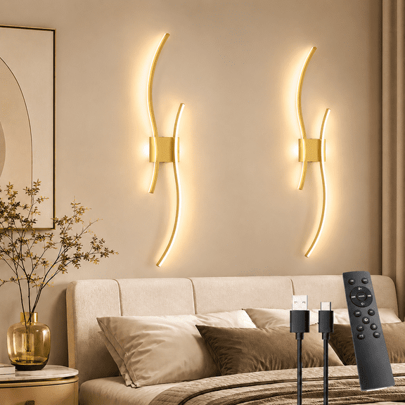 Laybasic 39.3" Large Battery Operated Wireless Wall Sconces Set of 2, Gold Modern Rechargeable Wall Light with Remote, 3CCT Dimmable Wireless Wall Lamp for Living Room Bedroom Hallway