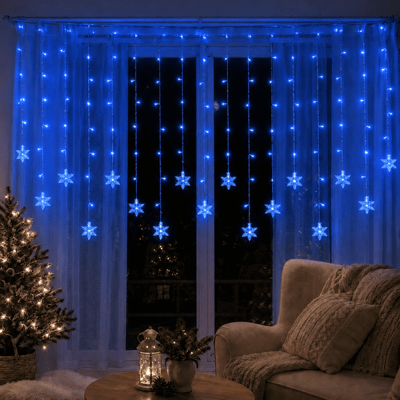 Laybasic Christams Snowflake LED Curtain String Lights, 96 LED 11.5ft 8 Modes Connectable Icicle Window Fairy Lights for Christmas Holiday Party Patio Yard Wall Decor, Blue)
